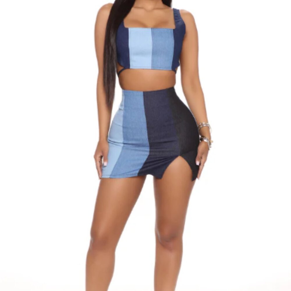 Patchwork Denim Crop Top Set - image 1